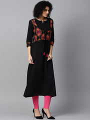 Black 3/4th sleeve cotton anarkali kurta with printed jacket at yoke