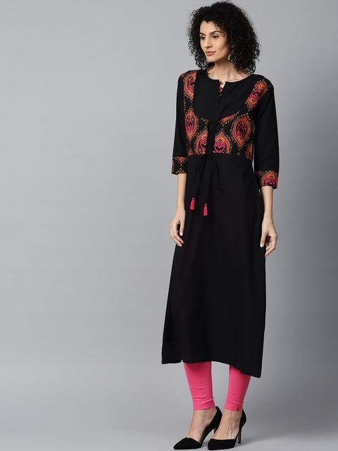 Black 3/4th sleeve cotton anarkali kurta with printed jacket at yoke