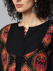 Black 3/4th sleeve cotton anarkali kurta with printed jacket at yoke