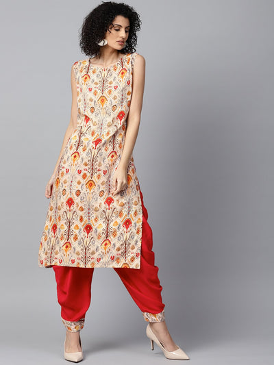 Red printed sleeveless cotton kurta with red ankle length dhoti