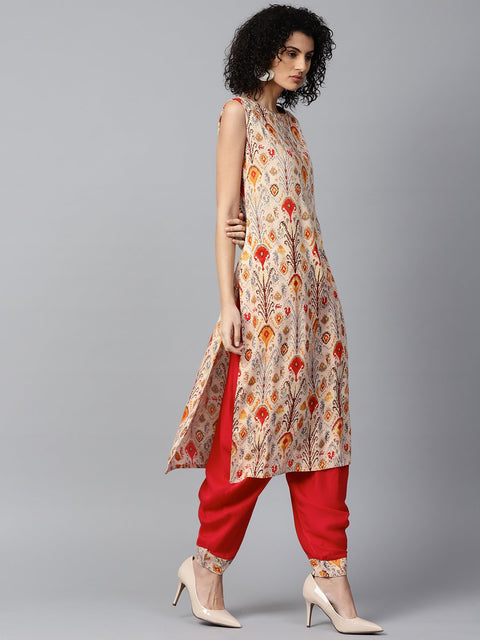Red printed sleeveless cotton kurta with red ankle length dhoti
