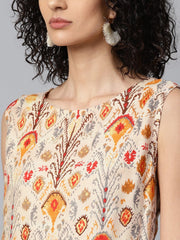 Red printed sleeveless cotton kurta with red ankle length dhoti