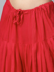 Red printed sleeveless cotton kurta with red ankle length dhoti