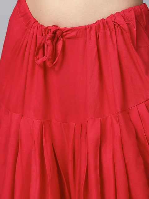 Red printed sleeveless cotton kurta with red ankle length dhoti