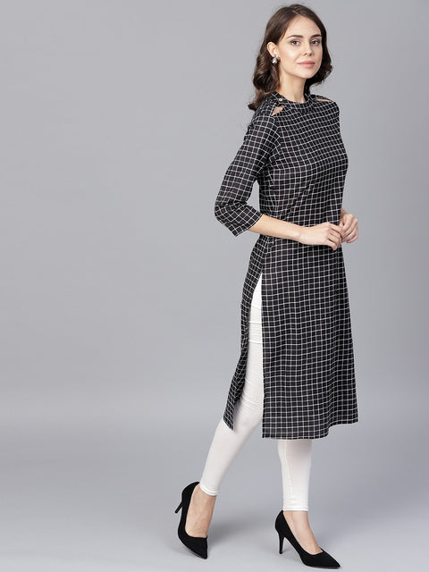 Black check 3/4th sleeve cotton kurta