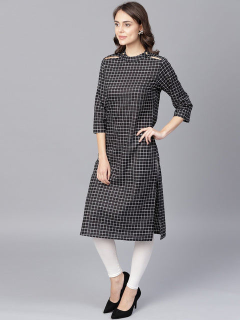 Black check 3/4th sleeve cotton kurta