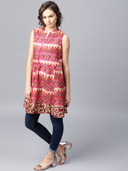 Pink and blue printed sleeveless cotton maxi dress with pocket