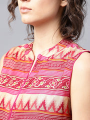 Pink and blue printed sleeveless cotton maxi dress with pocket