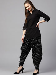Black 3/4th sleeve cotton shirt with black printed dhoti