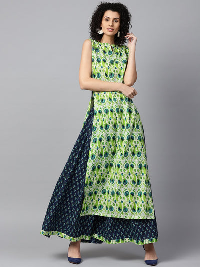 Green sleeveless cotton straight kurta with blue printed skirt