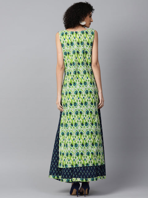 Green sleeveless cotton straight kurta with blue printed skirt
