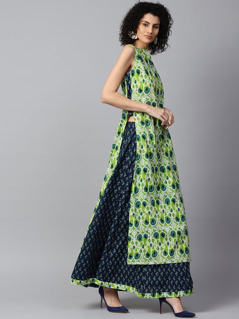 Green sleeveless cotton straight kurta with blue printed skirt