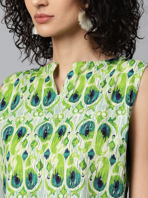 Green sleeveless cotton straight kurta with blue printed skirt