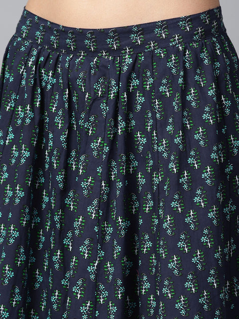 Green sleeveless cotton straight kurta with blue printed skirt