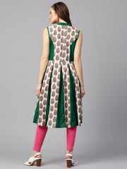 Green printed sleeveless cotton Anarkali kurta