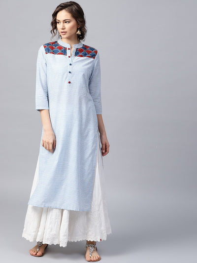 Blue striped 3/4th sleeve cotton straight kurta