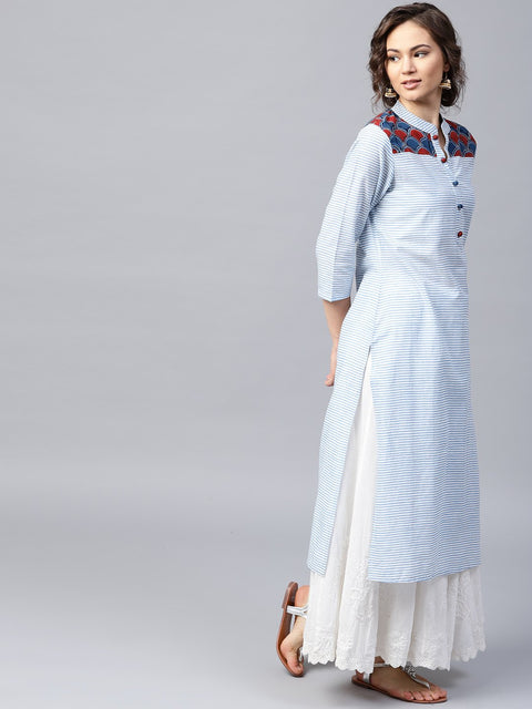 Blue striped 3/4th sleeve cotton straight kurta