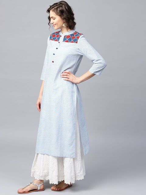 Blue striped 3/4th sleeve cotton straight kurta
