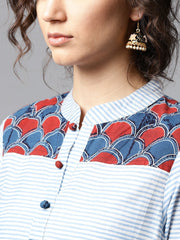 Blue striped 3/4th sleeve cotton straight kurta