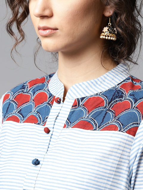 Blue striped 3/4th sleeve cotton straight kurta