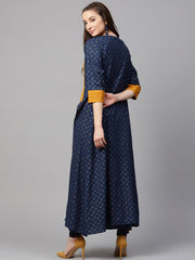 Yellow 3/4th sleeve cotton kurta with printed front open jacket kurta