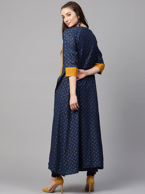 Yellow 3/4th sleeve cotton kurta with printed front open jacket kurta