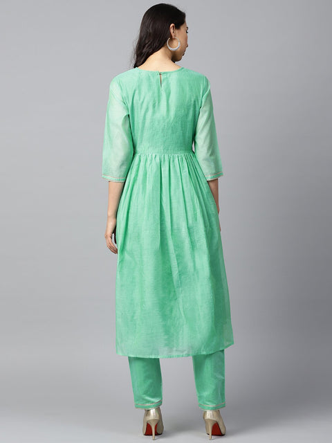 Green 3/4th sleeve Chandari Anarkali kurta with ankle length plazzo