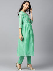 Green 3/4th sleeve Chandari Anarkali kurta with ankle length plazzo
