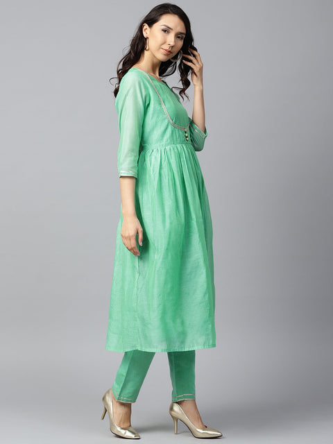 Green 3/4th sleeve Chandari Anarkali kurta with ankle length plazzo