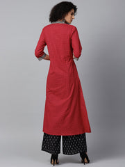 Red printed 3/4th sleeve cotton A-line kurta with black printed kurta