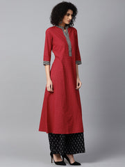 Red printed 3/4th sleeve cotton A-line kurta with black printed kurta