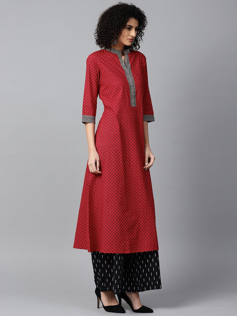 Red printed 3/4th sleeve cotton A-line kurta with black printed kurta