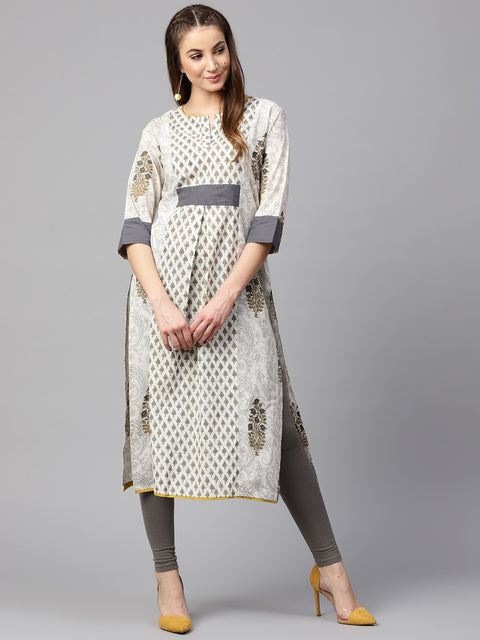 Off white printed half sleeve cotton A-line kurta