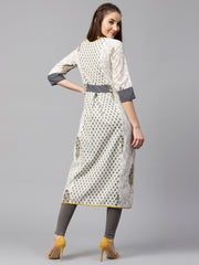 Off white printed half sleeve cotton A-line kurta