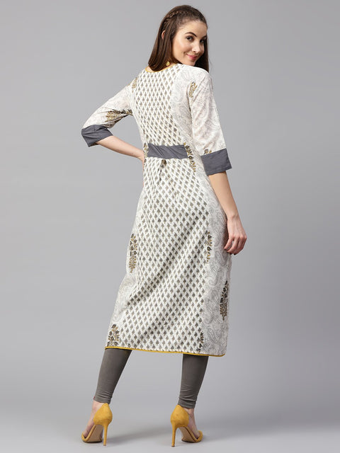 Off white printed half sleeve cotton A-line kurta