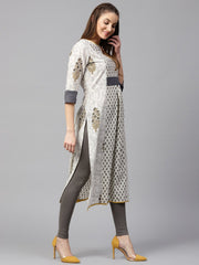 Off white printed half sleeve cotton A-line kurta