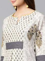 Off white printed half sleeve cotton A-line kurta