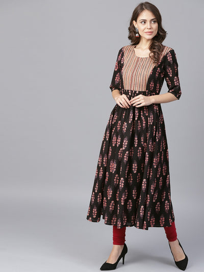 Black printed half sleeve cotton anarkali kurta