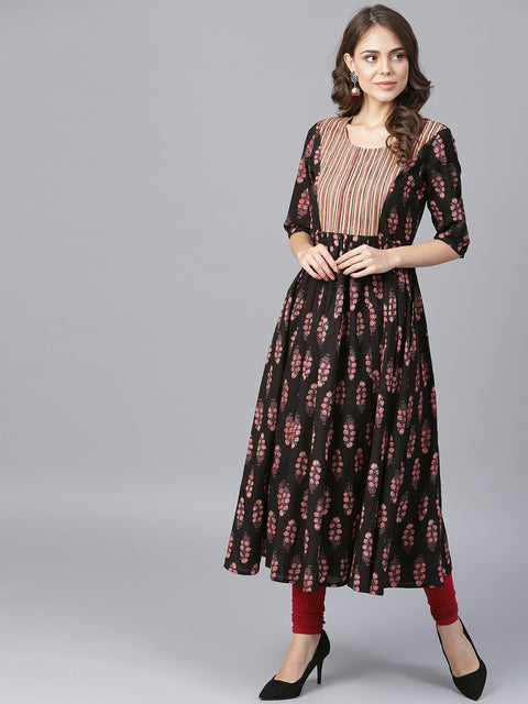 Black printed half sleeve cotton anarkali kurta