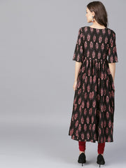 Black printed half sleeve cotton anarkali kurta