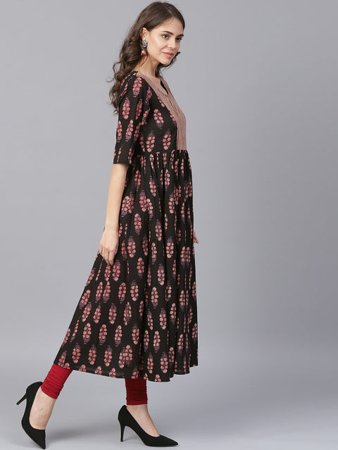 Black printed half sleeve cotton anarkali kurta