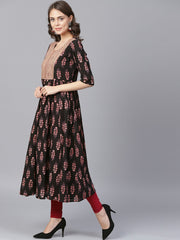 Black printed half sleeve cotton anarkali kurta