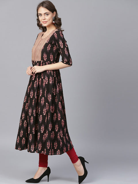 Black printed half sleeve cotton anarkali kurta
