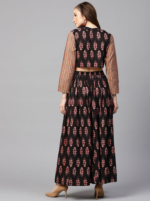 Black printed 3/4th sleeve blouse with black printed flared skirt