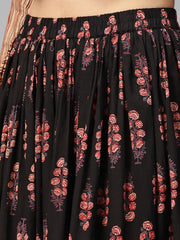 Black printed 3/4th sleeve blouse with black printed flared skirt