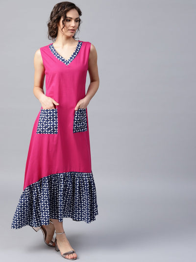 Pink manipuri printed sleeveless cotton dress