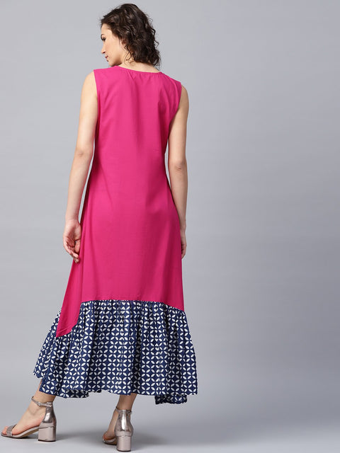 Pink manipuri printed sleeveless cotton dress