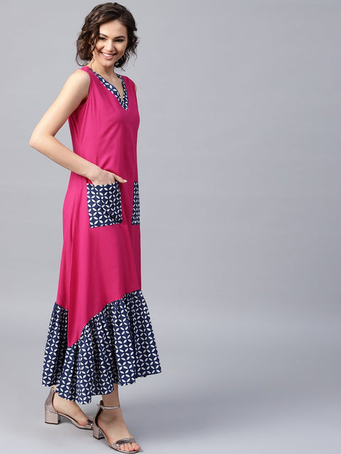 Pink manipuri printed sleeveless cotton dress