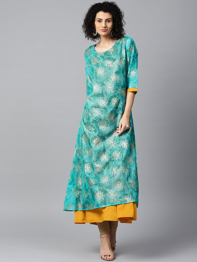 Blue foil printed 3/4th sleeve anarkali double layer kurta