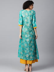 Blue foil printed 3/4th sleeve anarkali double layer kurta